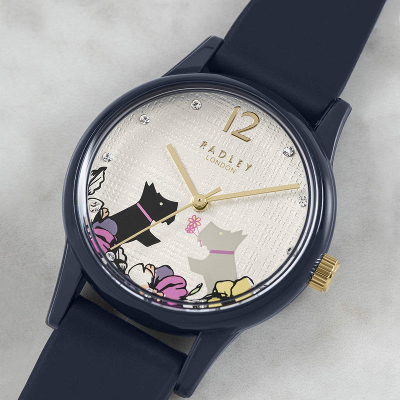 [Australia] - Radley Say It with Flowers Ladies Navy Silicone Strap Floral Kissing Dogs Watch RY2983 