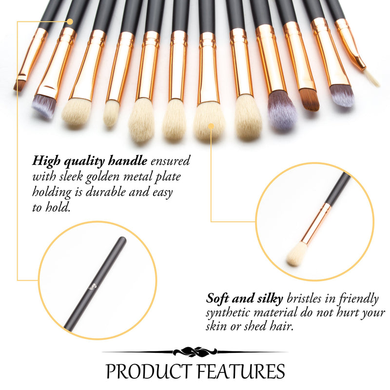 [Australia] - Qivange Eye Makeup Brushes Set, Synthetic Eyeshadow Brushes Eye Makeup Brush Set Cosmetics Brushes Concealer Eyebrow Eyeliner Eyeshadow Blending Brushes(12pcs, Black with Rose Gold) 