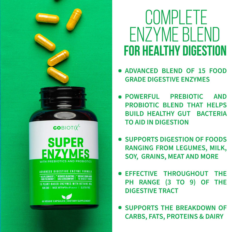 [Australia] - Super Enzymes Supplement - 15 Vegan + Plant-Based Digestive Enzymes with Prebiotics, Probiotics + Bioperine - Supports Gut Health, Gluten Digestion, Lactose Absorption + Leaky Gut - 60 Veggie Capsules 