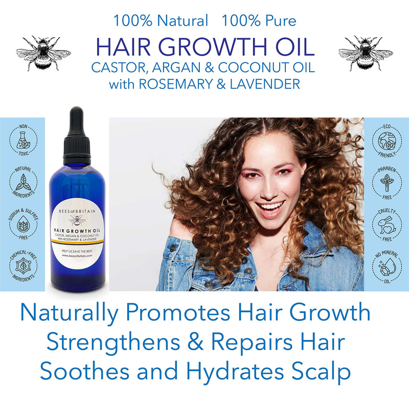[Australia] - HAIR GROWTH OIL - CASTOR, ARGAN & COCONUT OIL + ROSEMARY & LAVENDER -100 ml by BEES of BRITAIN 100% Natural. Natural Oils to Promote Hair Growth. We Donate 5% of Profit to Help Save Bees + Pollinators 