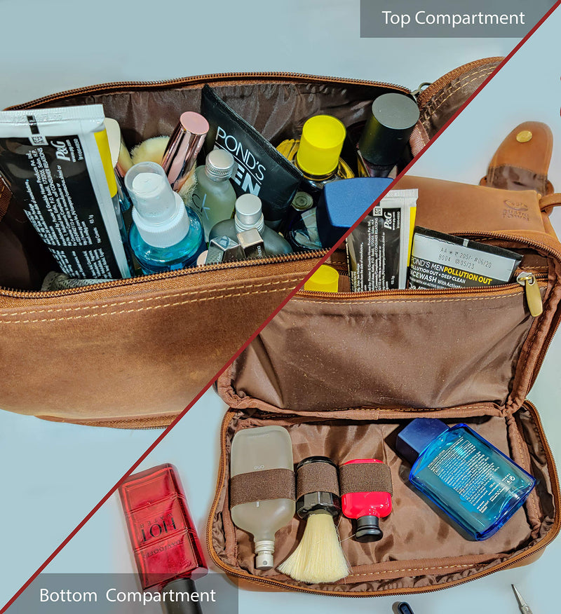 [Australia] - Genuine Leather Travel Toiletry Bag - Dopp Kit Organizer By Rustic Town (Brown) Brown 