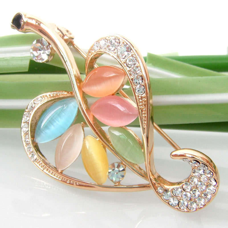 [Australia] - Navachi 18k Gold Plated Multi-Color Created-Opal Crystal Leaves Brooch Pin colorful 