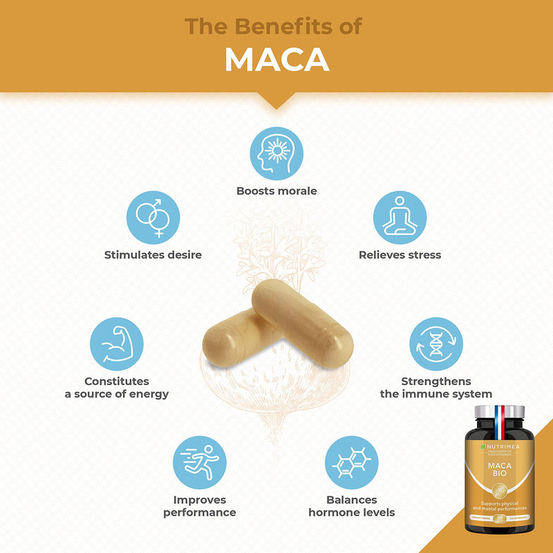 [Australia] - Organic Maca Root - Vegan Capsules High in Vitamin C, B6, Fibres and Proteins - Physical and Mental Performance Booster - Purest Yellow Maca from The High Peruvian Andes - French Expertise by Nutrimea Uk 