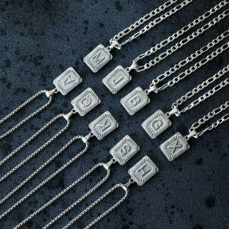 [Australia] - Silver Initial Necklaces for Men Women Square Initial Letter Pendant Necklace Capital Letter A-Z Necklace Box Chain 