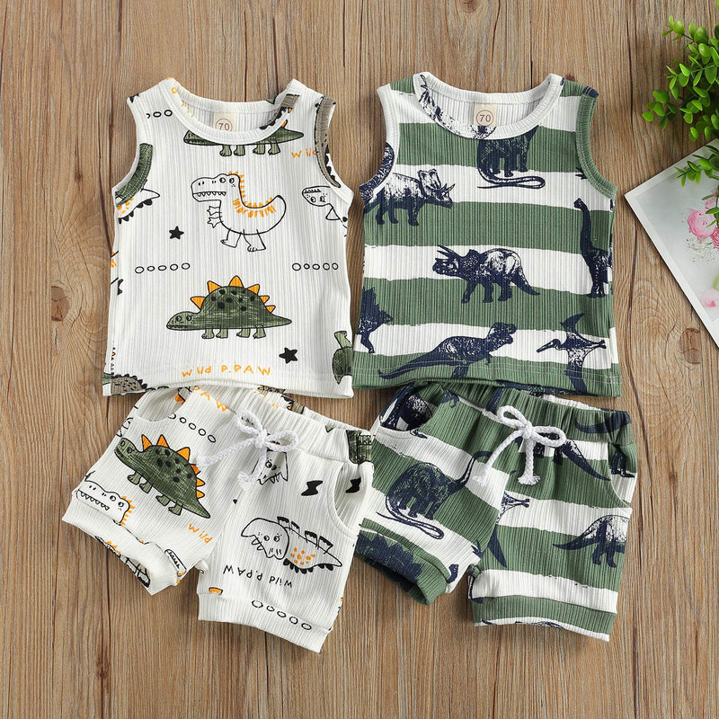 [Australia] - Balaflyie Infant Newborn Baby Boys Dinosaur Clothes Ribbed Tank Tops T-Shirt and Shorts Set 2pcs Summer Outfit Green 0-3 Months 