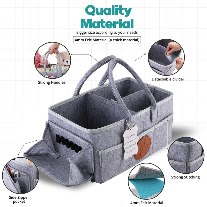 [Australia] - Junior's Cart - Baby Nappy Caddy Organizer - Baby Storage Caddy with Handle | Premium Quality with Zipper Pocket | Portable Nursery Storage Diaper Caddy Organiser (Grey) 