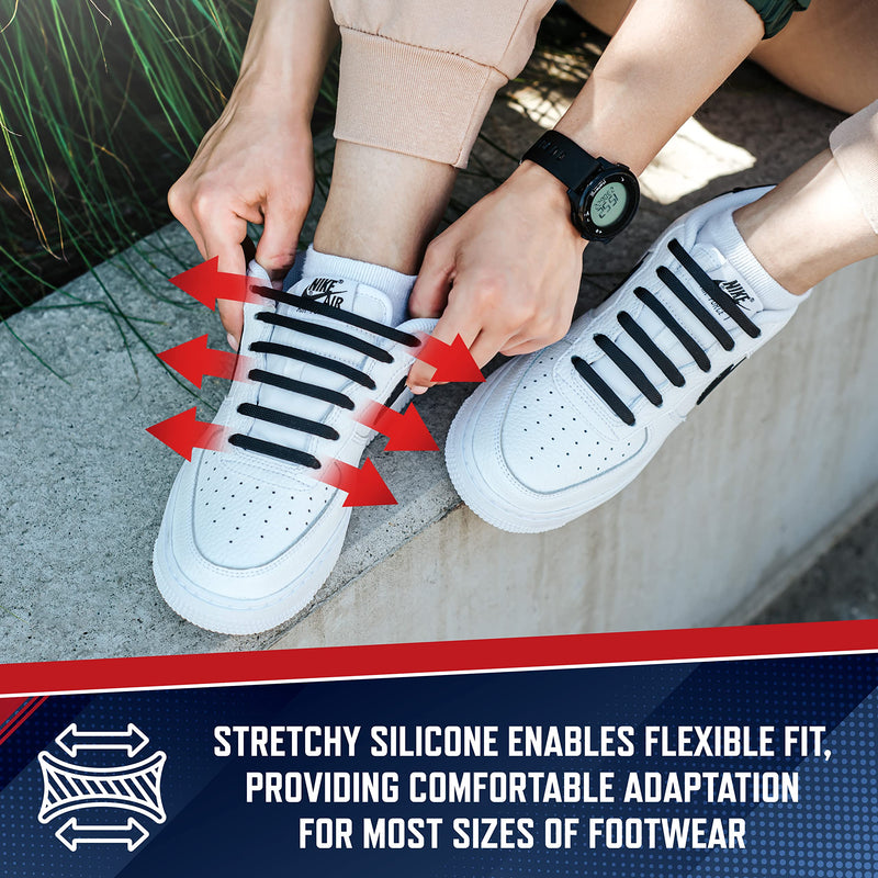 [Australia] - RECKNEY No Tie Shoe Laces for Kids and Adults, Elastic Laces for Trainers, Silicone Tieless Flat Shoelaces for Running Shoes Black 
