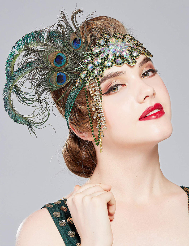 [Australia] - BABEYOND Women's 1920s Headband Flapper Feather Headpiece with Chain Roaring 20s Great Gatsby Themed Party Hair Accessory (Peacock) Peacock 