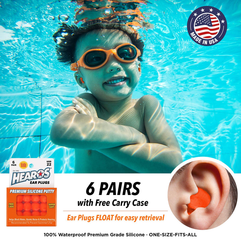 [Australia] - HEAROS Reusable Kids Ear Plugs for Swimming - Floating Silicone Putty, One Size Fits All Mouldable for Ultimate Comfort, Waterproof to Prevent Swimmers Ear, 6 Pairs with Case NRR 22 Hearing Protection 