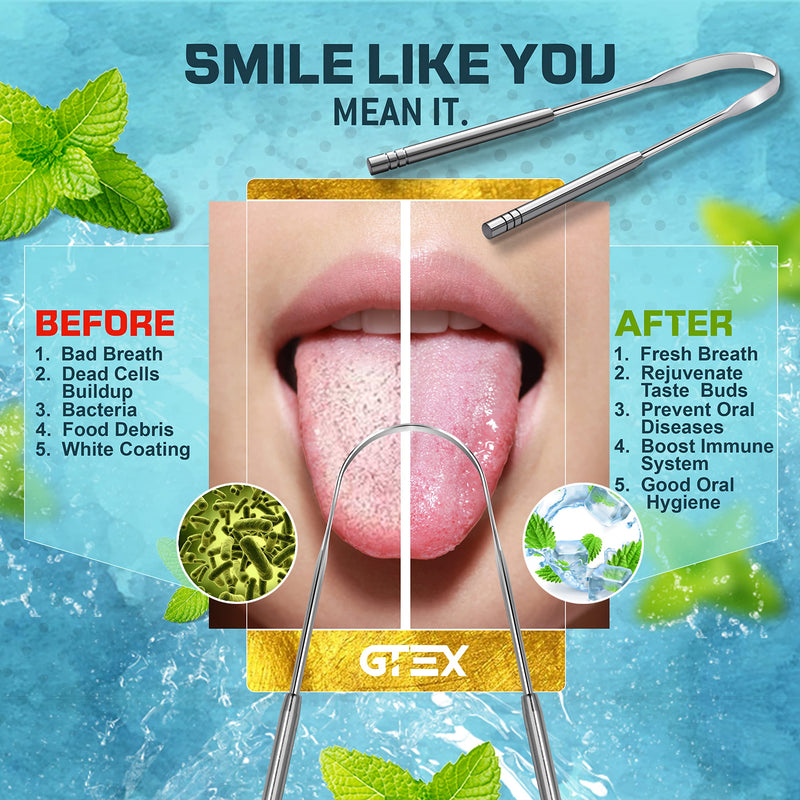 [Australia] - GTEX Tongue Scraper (3 Pack) with Travel Pouch - Medical Grade 100% Stainless Steel Metal Tongue Cleaner for Adults and Kids - 3 Tounge Scrapers 3 U-Shaped 