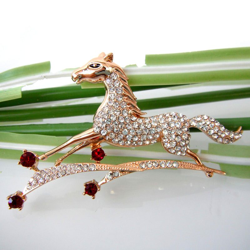 [Australia] - Navachi 18k Gold Plated Crystal Galloping Steeds Horse Brooch Pin White 