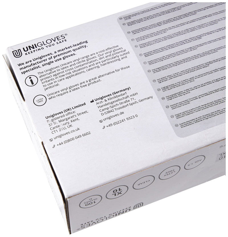 [Australia] - Unigloves Unicare Clear Vinyl GS0065-A Examination - Multipurpose, Powder Free and Latex Free Disposable Gloves, Box of 100 Gloves, Clear, Extra Large XL 