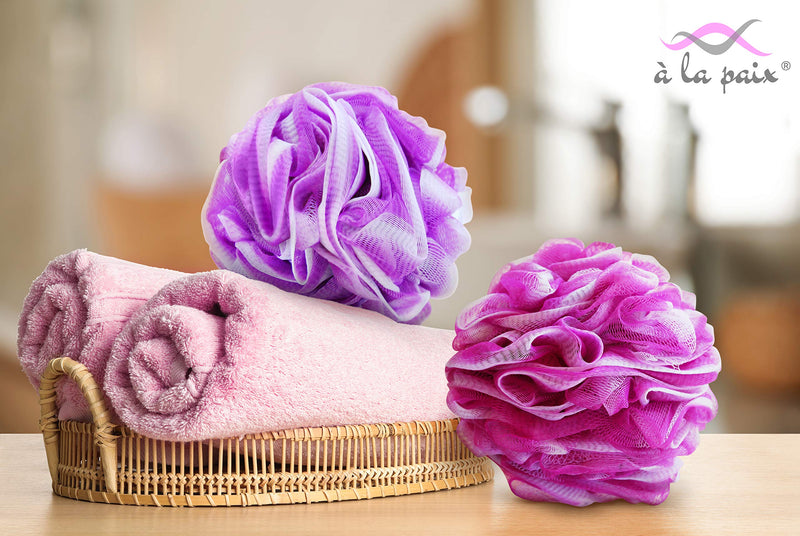 [Australia] - Loofah Bath Sponge XL 75g Set of 4 Bright Colors by À La Paix - Soft Exfoliating Shower Lufa for Silky Skin - Long-Handle Mesh Body Poufs- Women and Men’s Luffas -Large Scrunchy- Full Cleanse & Lather 