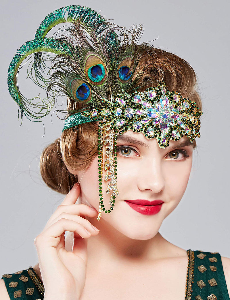 [Australia] - BABEYOND Women's 1920s Headband Flapper Feather Headpiece with Chain Roaring 20s Great Gatsby Themed Party Hair Accessory (Peacock) Peacock 