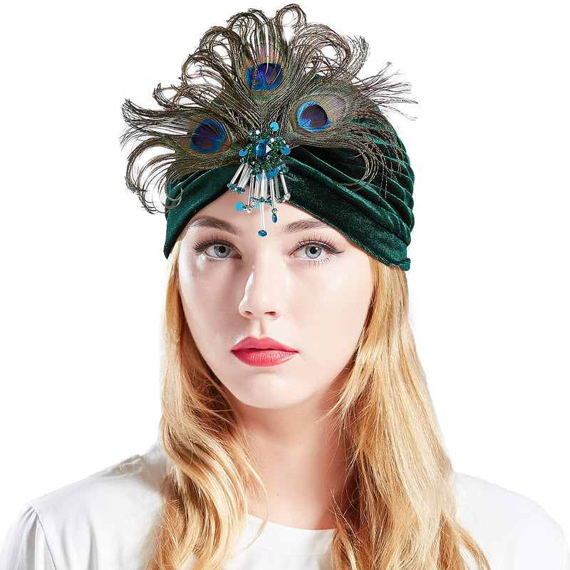 [Australia] - BABEYOND Ruffle Turban Hat for Women Feather Turban Hat with Detachable Crystal Brooch Headwraps Knit Pleated Turban Hat Vintage Darkgreen 