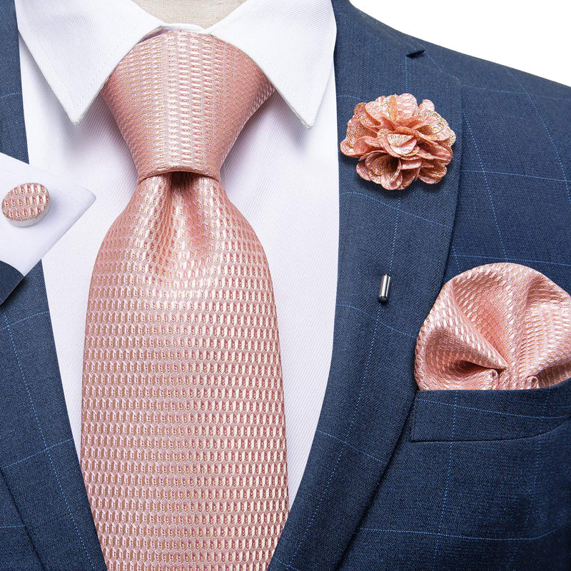 [Australia] - DiBanGu Silk Tie Woven Handkerchief Men's Necktie and Lapel Pin Brooch Set Paisley Plaid Solid Floral 01 Blush Pink 