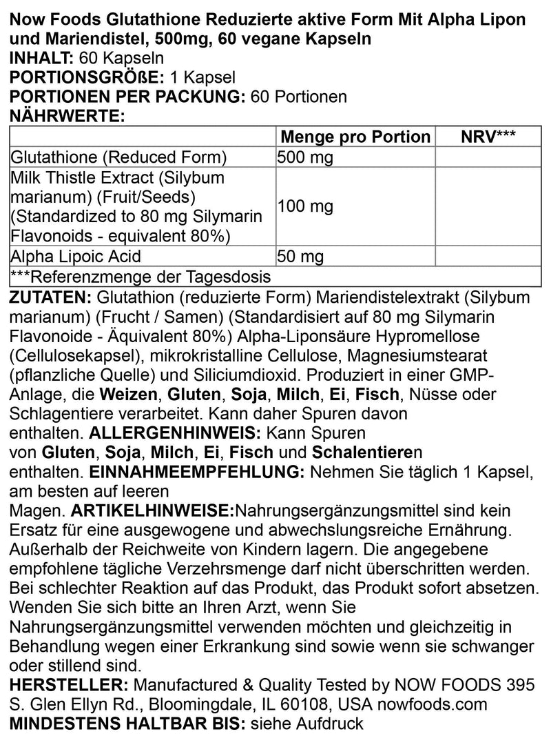 [Australia] - NOW Supplements, Glutathione 500 mg, With Milk Thistle Extract & Alpha Lipoic Acid, Free Radical Neutralizer*, 60 Veg Capsules 60 Count (Pack of 1) 