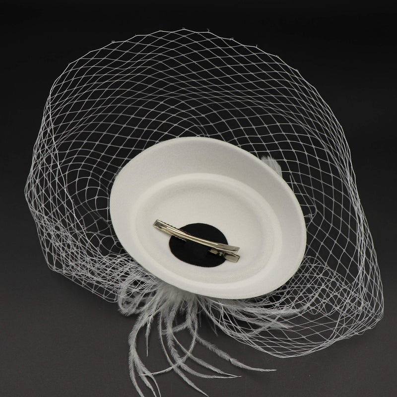 [Australia] - Umeepar Pillbox Fascinator Hat for Women Wedding Kentucky Derby Tea Party Hat Headband Hair Clip with Veil Feather - White 