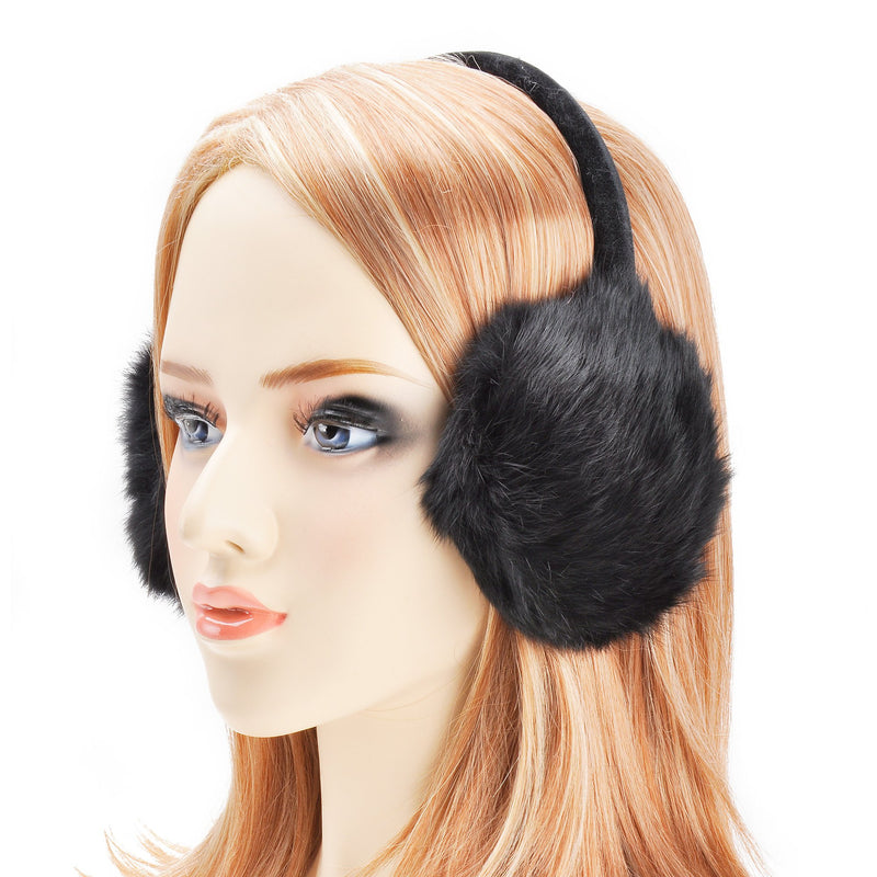 [Australia] - ZLYC Womens Girls Genuine Rabbit Fur EarMuffs Adjustable Ear Warmers Black 