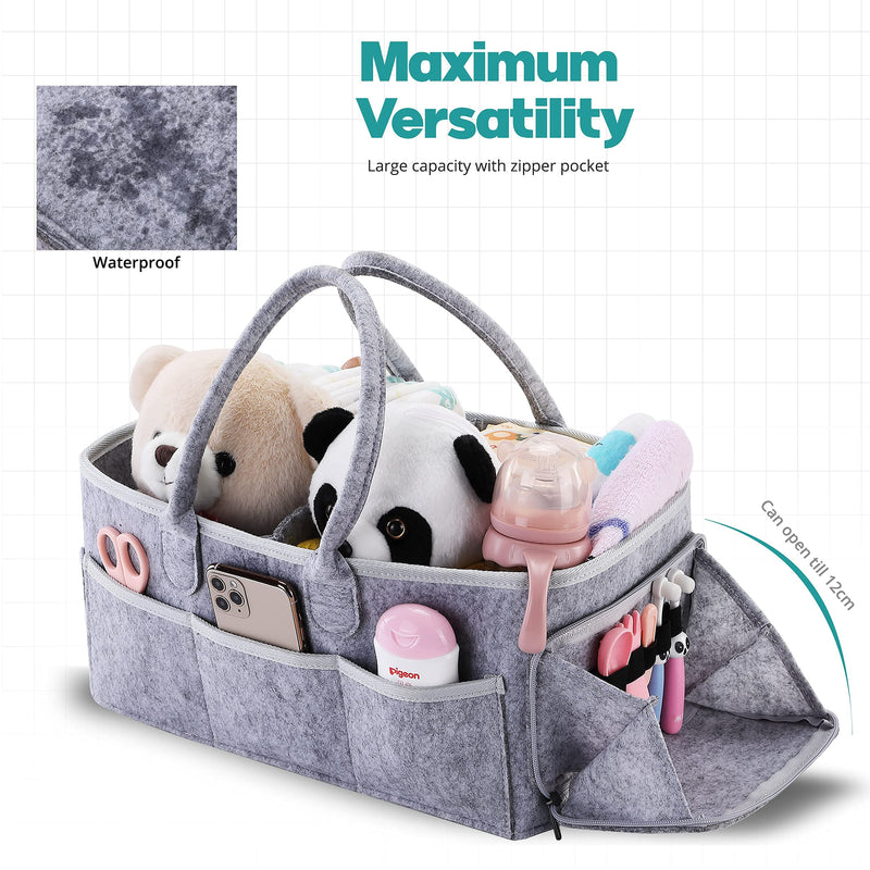 [Australia] - Junior's Cart - Baby Nappy Caddy Organizer - Baby Storage Caddy with Handle | Premium Quality with Zipper Pocket | Portable Nursery Storage Diaper Caddy Organiser (Grey) 