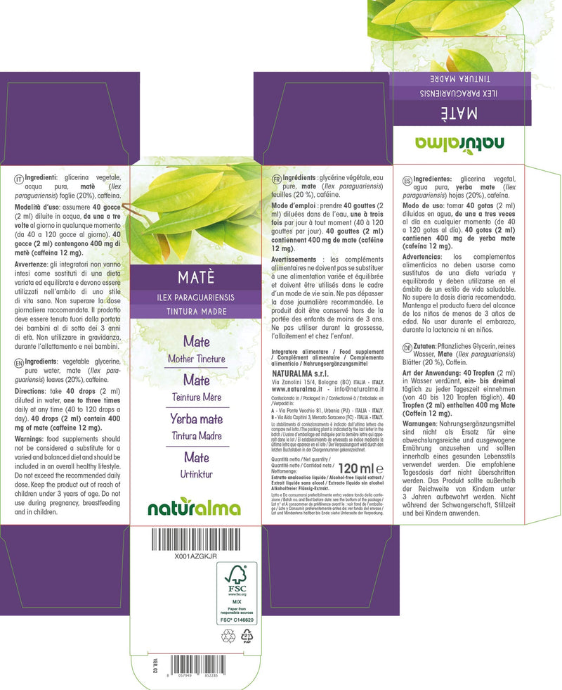 [Australia] - Mate (Ilex paraguariensis) Leaves Alcohol-Free Mother Tincture Naturalma | Liquid Extract Drops 120 ml | Food Supplement | Vegan 