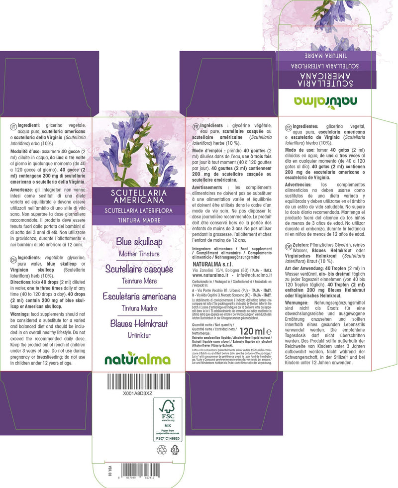 [Australia] - Blue Skullcap or Virginian Skullcap (Scutellaria lateriflora) herb Alcohol-Free Mother Tincture Naturalma | Liquid Extract Drops 120 ml | Food Supplement | Vegan 
