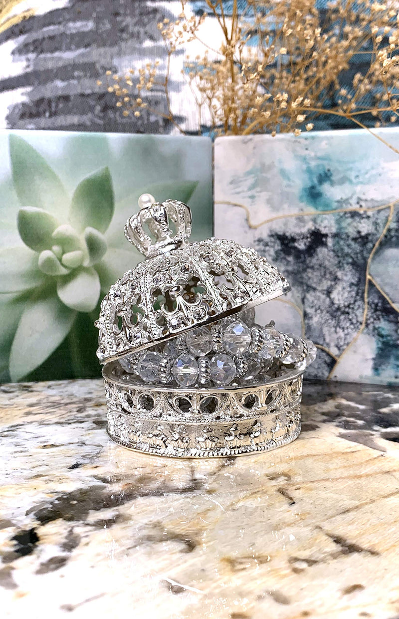 [Australia] - VI N VI Silver Rhinestone Pearl Royal Crown Jewelry Box, Trinket Box | Beautiful Collectible Figurine and Decorative Jewelry Display, Holder, and Organizer 