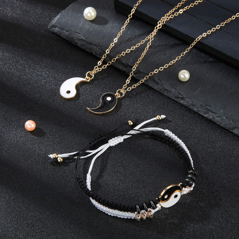 [Australia] - Hicarer Yin Yang Friend or Couple Bracelet with Necklace Set, 2 Pieces Matching Yin Yang Adjustable Cord Bracelet, 2 Pieces Yin Yang Couple Pendant Necklace Chain for Friendship Boyfriend Girlfriend Gold 