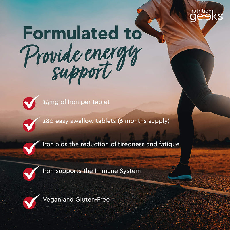 [Australia] - Iron Tablets High Strength 14mg - 180 Tablets, 6 Months Supply - Vegan Iron Supplements for Women and Men - Ferrous Fumarate Energy Tablets, Reduces Tiredness and Fatigue - UK Made Iron Vitamin Single 