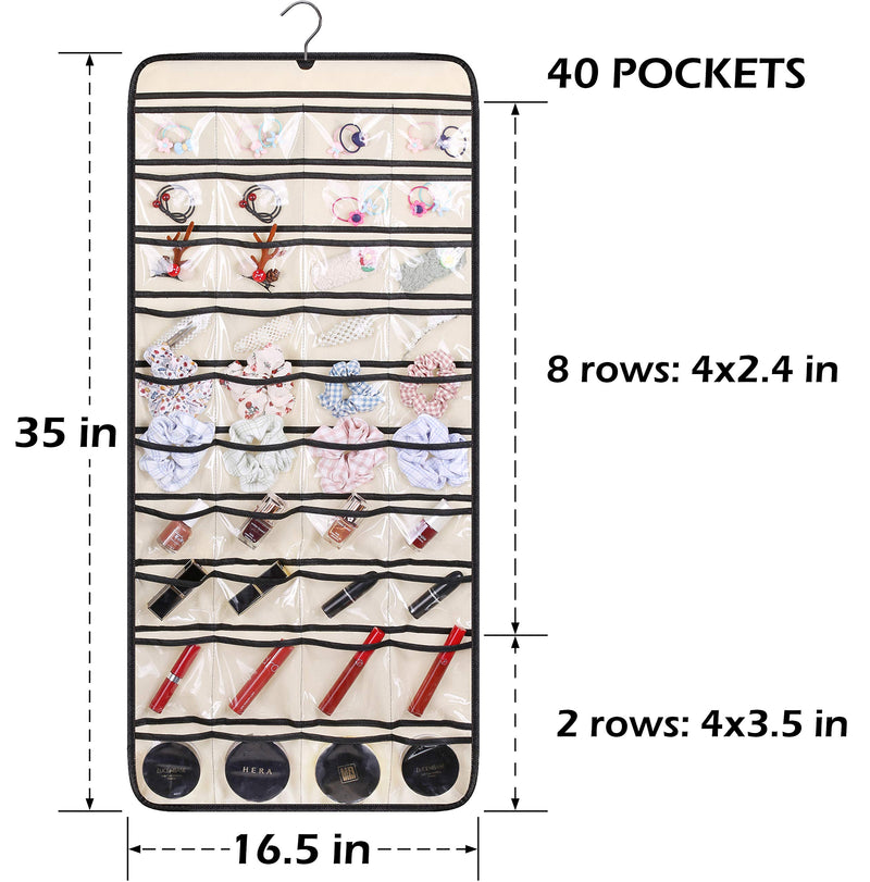 [Australia] - MISSLO Dual-sided Hanging Jewelry Organizer with 40 Pockets and 20 Hook & Loops Closet Necklace Holder for Earring Bracelet Ring Chain with Rotating Hanger, Beige 