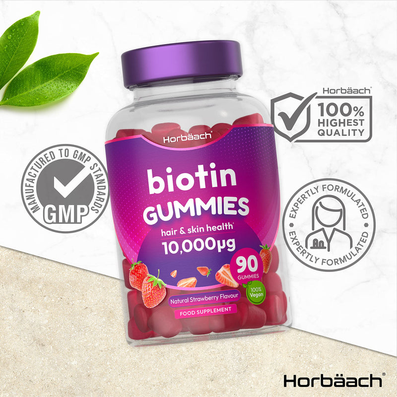 [Australia] - Biotin Gummies 10,000mcg | 90 Vegan Vitamins | for Hair Growth & Skin Health | Natural Strawberry Flavour | No Artificial Flavours or Sweeteners | von Horbaach 