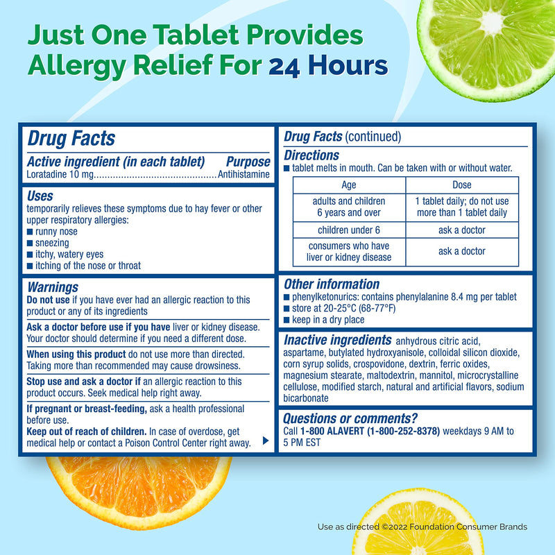 [Australia] - Alavert Allergy 24 Hour Relief, Citrus Burst Flavor, Orally Disintegrating Allergy Tablets, Non-drowsy Antihistamine, Loratadine 10mg, 60 Count 