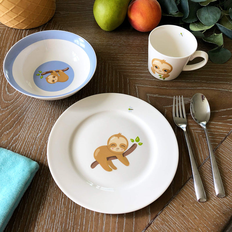 [Australia] - 3 Piece Childrens Dinnerware Set - Durable Vegan New Bone China Kids First Ceramic Tableware - Sloth Plate, Mug and Bowl Gift for Boys, Girls, Keepsake 