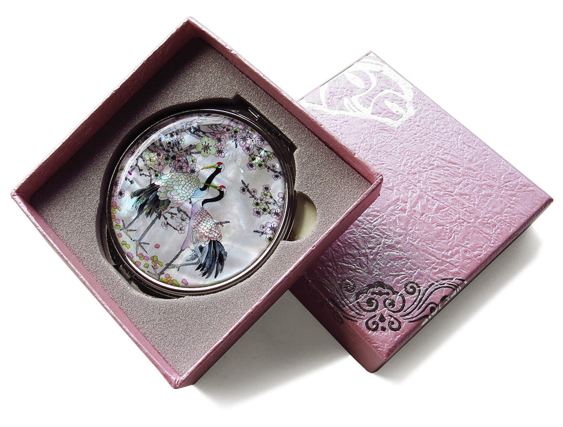 [Australia] - MADDesign Mother of Pearl Compact Mirror Round Double Sided Folding Magnify Crane Apricot Tree Design 