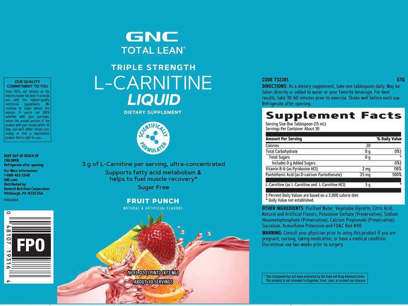 [Australia] - GNC Total Lean Triple Strength L-Carnitine Liquid | Supports Fatty Acid Metabolism and Helps to Fuel Muscle Recovery, Sugar Free | Fruit Punch | 16 fl.oz 