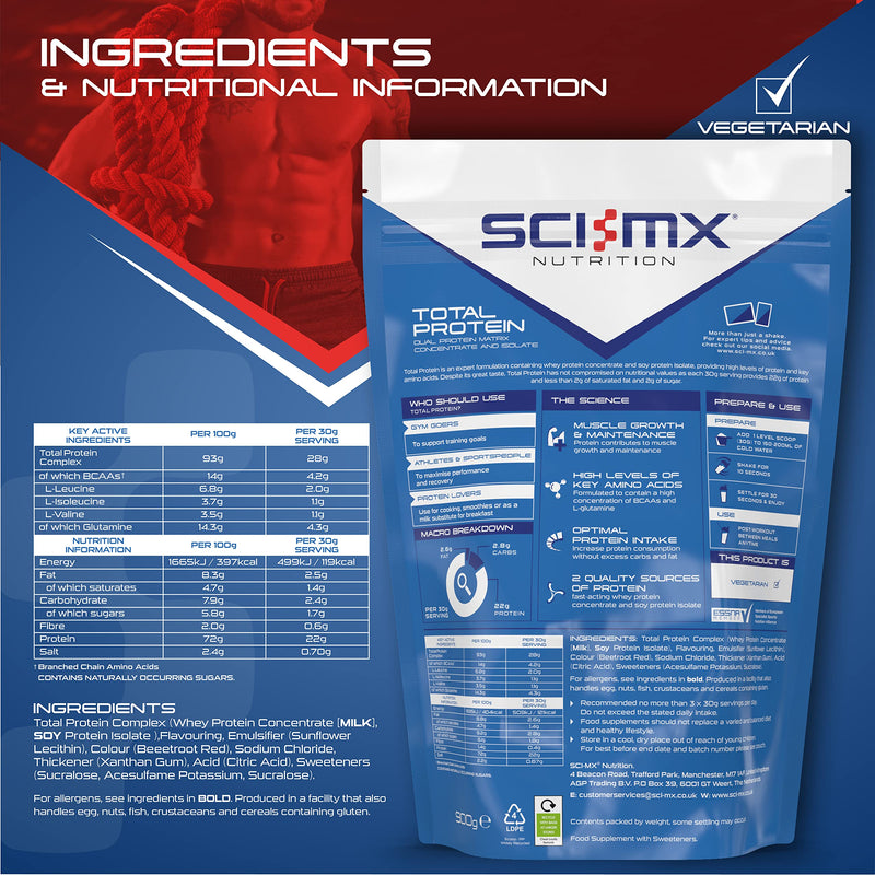 [Australia] - SCI-MX Total Protein Duo Protein Muscle Building & Recovery Blend Powder With Naturally Occurring Glutamine & Amino Acids - Strawberry Flavour - 900G - 30 SERVINGS 