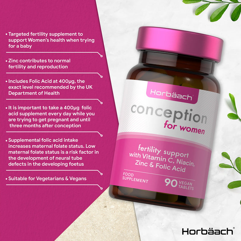 [Australia] - Conception Vitamins for Women | 90 Vegan Pills | Women Fertility Supplement with Folic Acid, Vitamin C, Iron & Zinc | Pregnancy Support | by Horbaach 