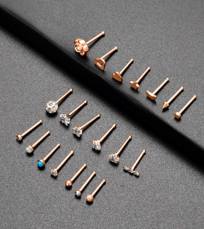 [Australia] - Tornito 20G 20Pcs Nose Ring CZ Nose Stud Retainer L Bone Screw Shaped Nose Piercing Jewelry Set for Women Men Stainless Steel Rose Gold Tone A:20Pcs,Bone Shaped, Rose Gold Tone 