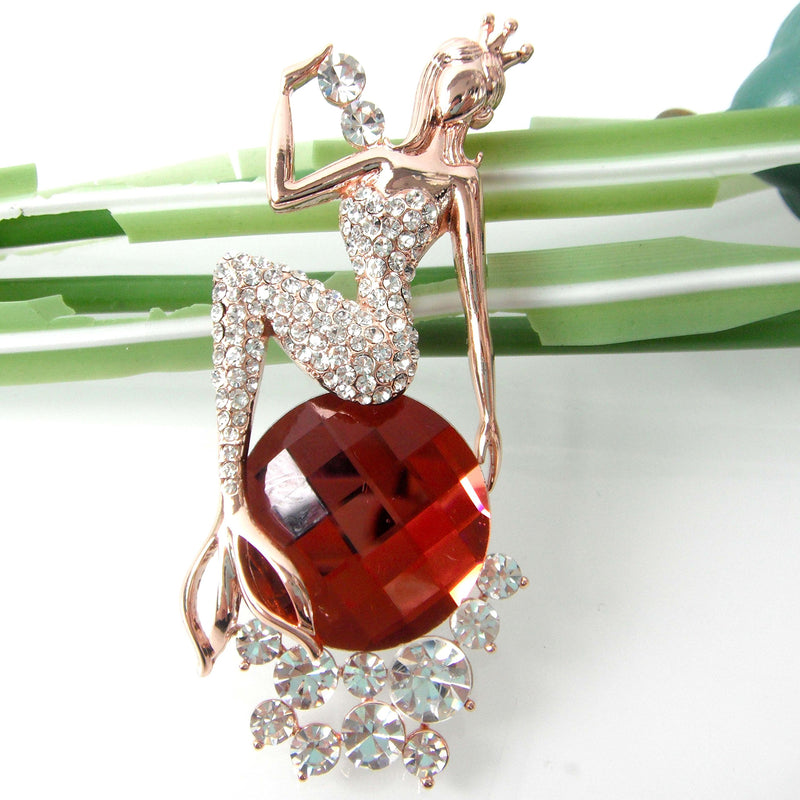 [Australia] - Navachi 18k Gold Plated Clear Crystal Mermaid Brooch Pin Red 