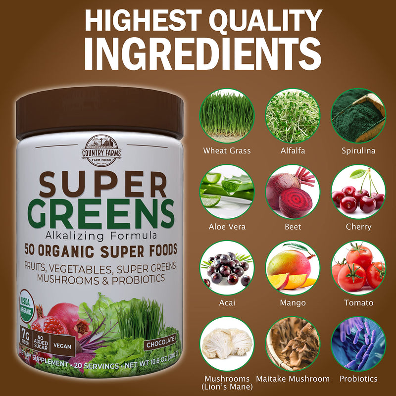 [Australia] - Country Farms Super Greens Flavor, 50 Organic Super Foods, USDA Organic Drink Mix, 20 Servings (Packaging May Vary), (N9880) Chocolate, 10.6 Oz 