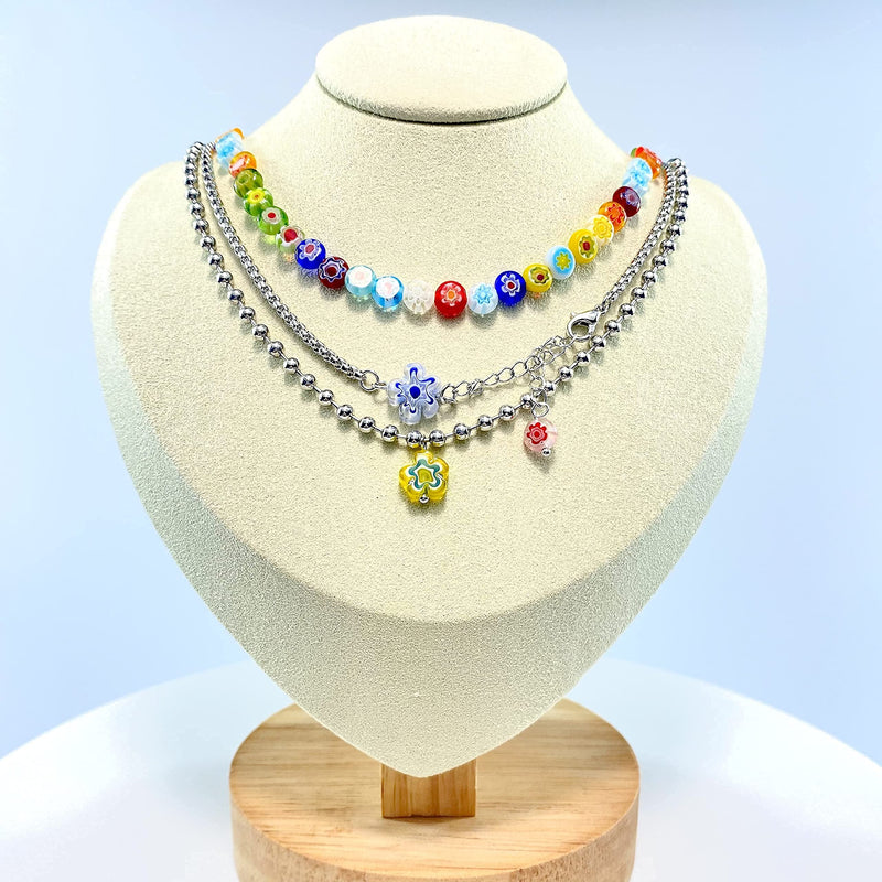[Australia] - Y2k Necklace Layered Colorful Beaded Necklace Y2K Bead Choker Necklaces with Flower Pendant Indie Jewelry for Teen Girls Woman Necklace Set Coconut Girl Aesthetic Alt 2000s Necklaces Cyber Y2k Fashion 