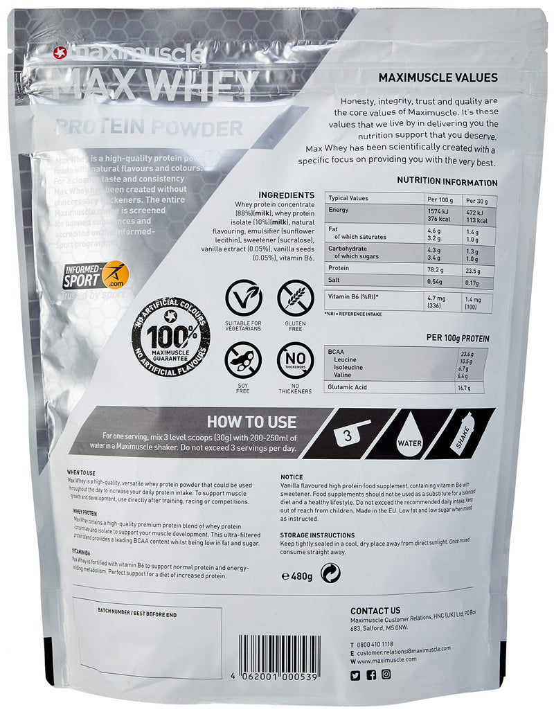 [Australia] - Maximuscle Max Whey | Whey Protein Powder | Protein Shake with Whey Isolate & Concentrate | Low Fat, Low Sugar, Gluten-Free | Vanilla, 480g - 16 Servings 