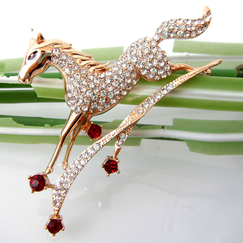 [Australia] - Navachi 18k Gold Plated Crystal Galloping Steeds Horse Brooch Pin White 