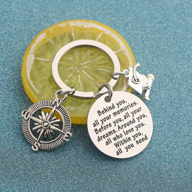 [Australia] - LQRI Inspirational Graduation Gift Keychain Behind You All Memories Before You All Your Dream Keyring Compass Grad Cap Jewelry Class of 2020 Graduates Gifts sliver 