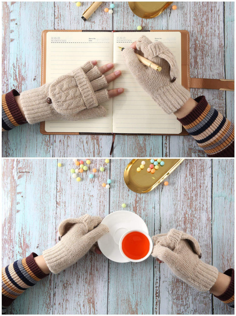 [Australia] - Women Convertible Glove Cable Knit Glove Half Finger Mitten with Cover for Cold Days Apricot 