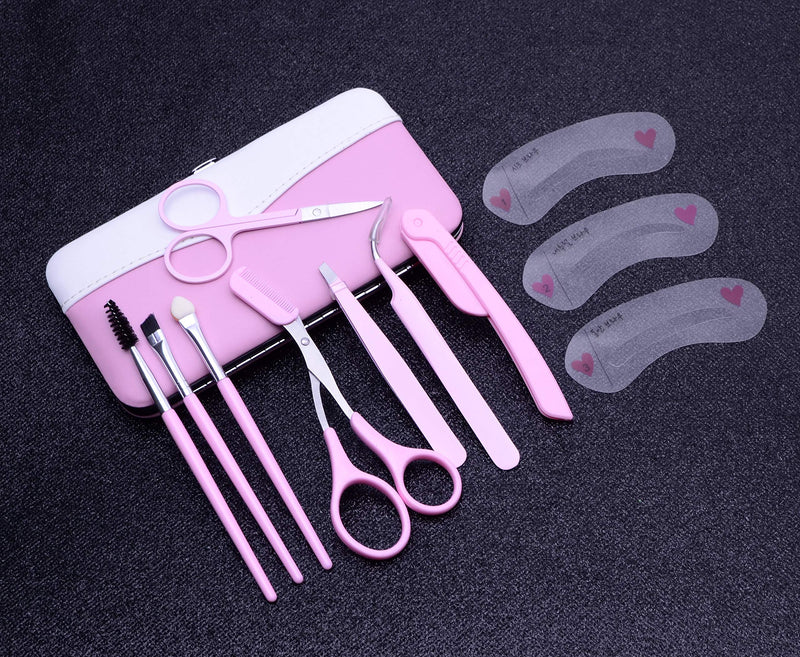 [Australia] - LETB Pink Color 12 Pieces Beauty Care Tools Eyebrow Trimming Kit Eyebrow Scissor&Comb Eyebrow Brush Grooming Set Tweezers and Razor Set Included Free Pink Travel Case Gifts for Girls Women 