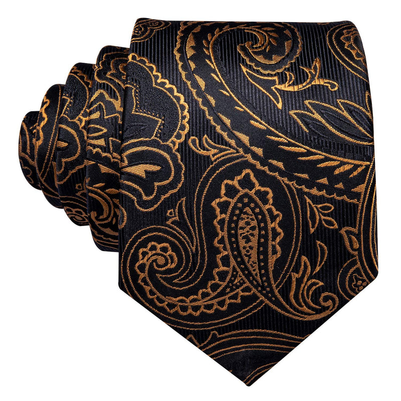 [Australia] - Barry.Wang Paisley Tie Fashion Set Hanky Cufflinks Neckties for Men Woven Silk Ablack and Orange 