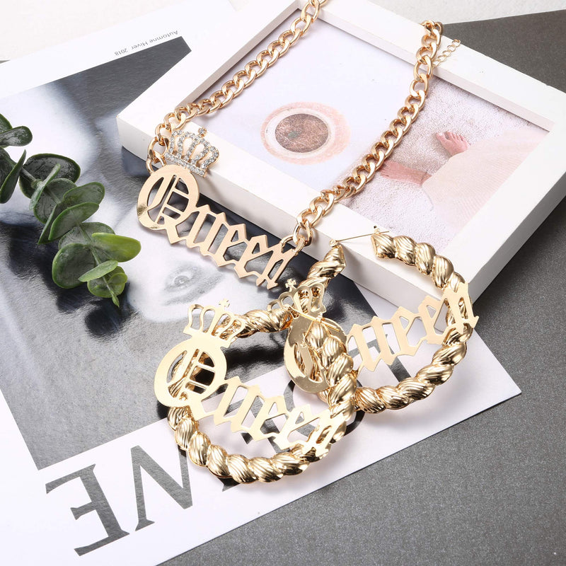 [Australia] - sailimue Queen Pendant Curb Chain Necklace with Oversize Statement Bamboo Hoop Earring Set for Women Gold Plated Color Punk Style Hip Hop Rapper A:Twist Earring+Queen Necklace 