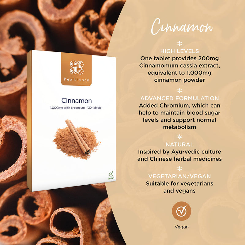 [Australia] - Healthspan Cinnamon 1,000mg | 120 Tablets | Added Chromium | Supports Metabolism | Vegan 