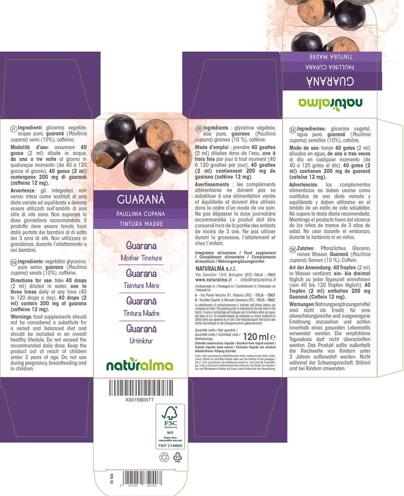 [Australia] - Guarana (Paullinia cupana) Seeds Alcohol-Free Mother Tincture Naturalma | Liquid Extract Drops 120 ml | Food Supplement | Vegan 120 ml (Pack of 1) 